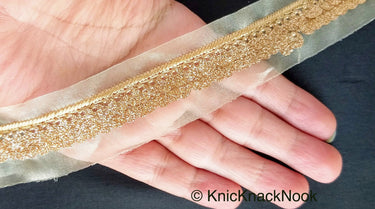 Beige Sheer Fabric Trim Embroidered With Beige Silk Thread And Glitter Copper Sequins, Approx. 33mm Wide
